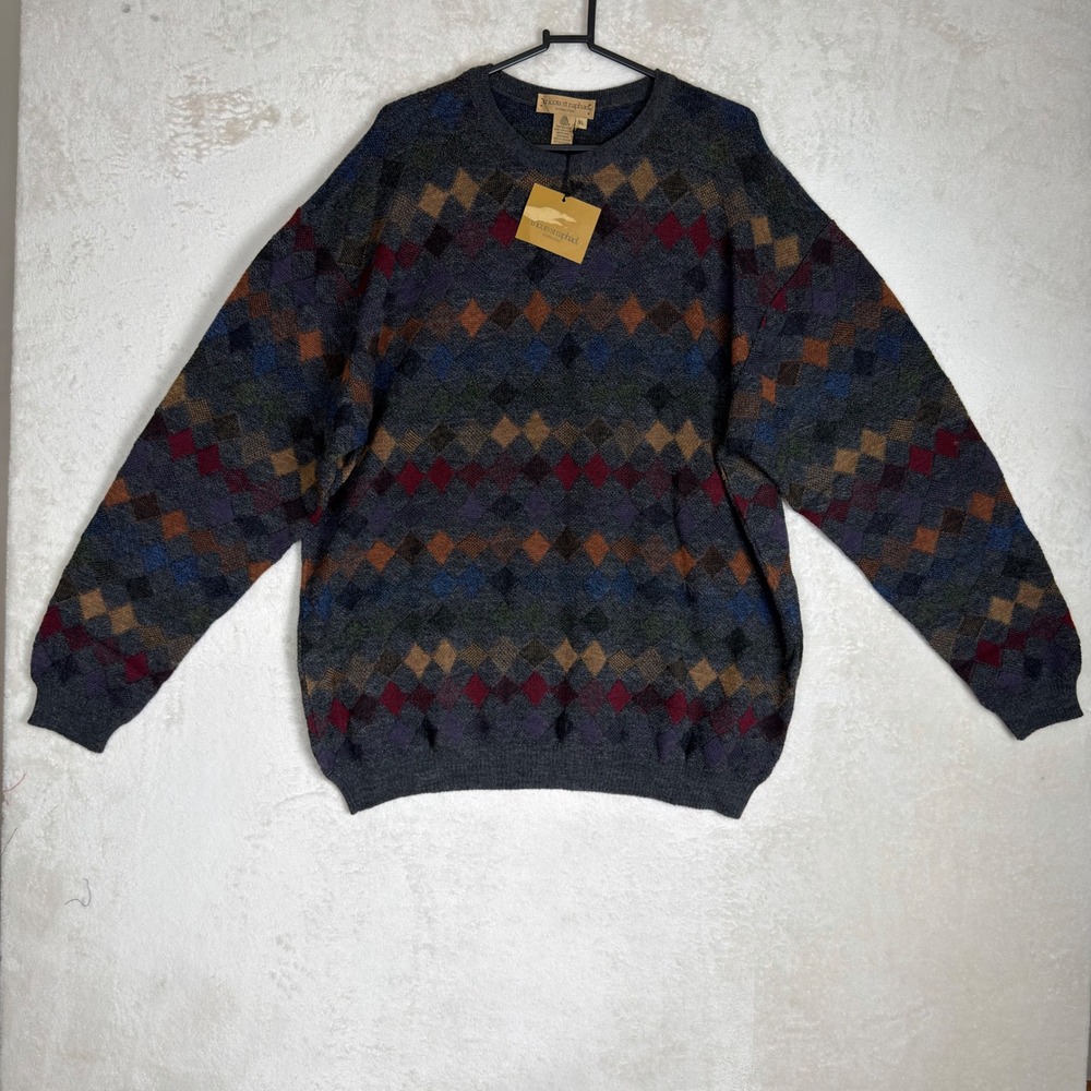 Tricots St Raphael Mens XL Merino Wool Argyle Sweater Gray Diamond Knit NWT